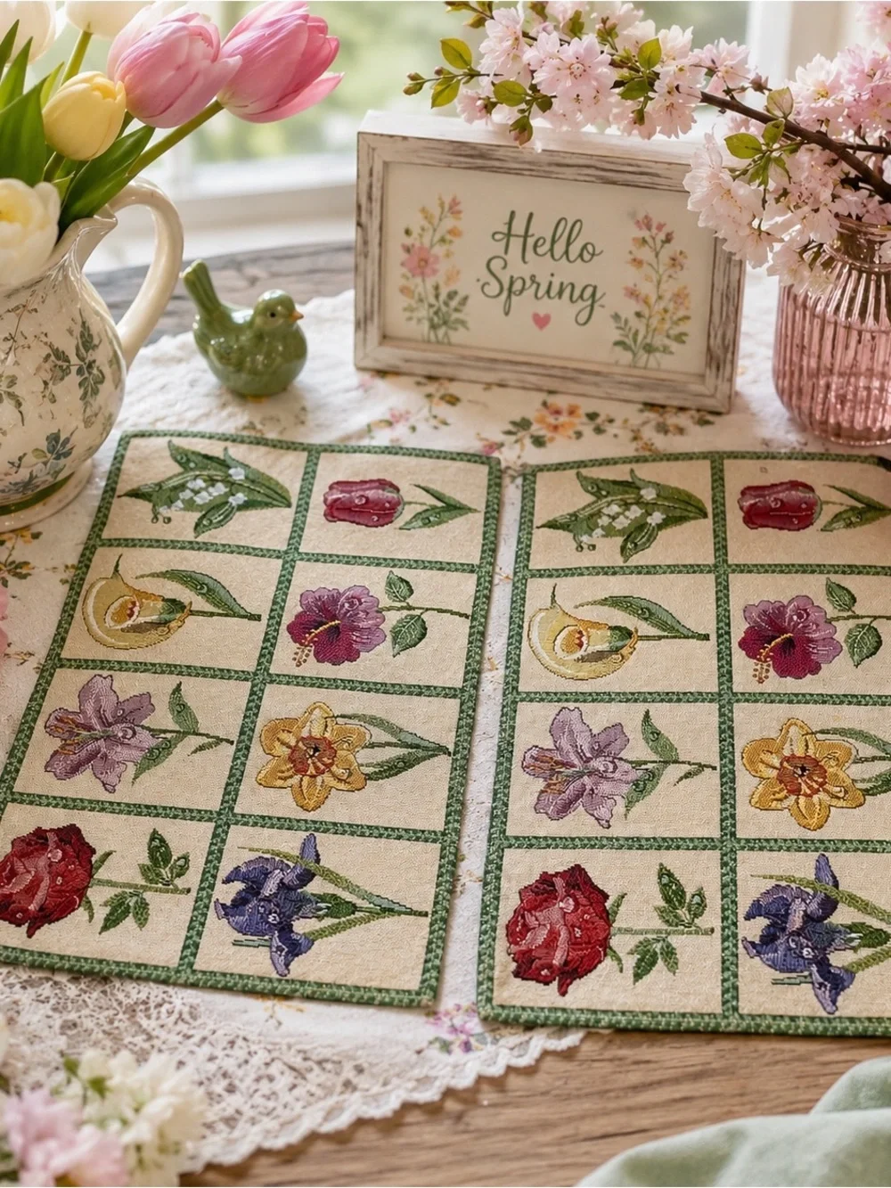 Floral Patchwork Tapestry Placemat Pair Grannycore Spring Kitchen Decor